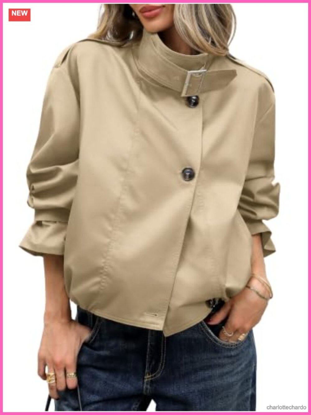 ELLEVEN Women's Funnel Neck Cropped Trench Coat Vintage Crop Khaki